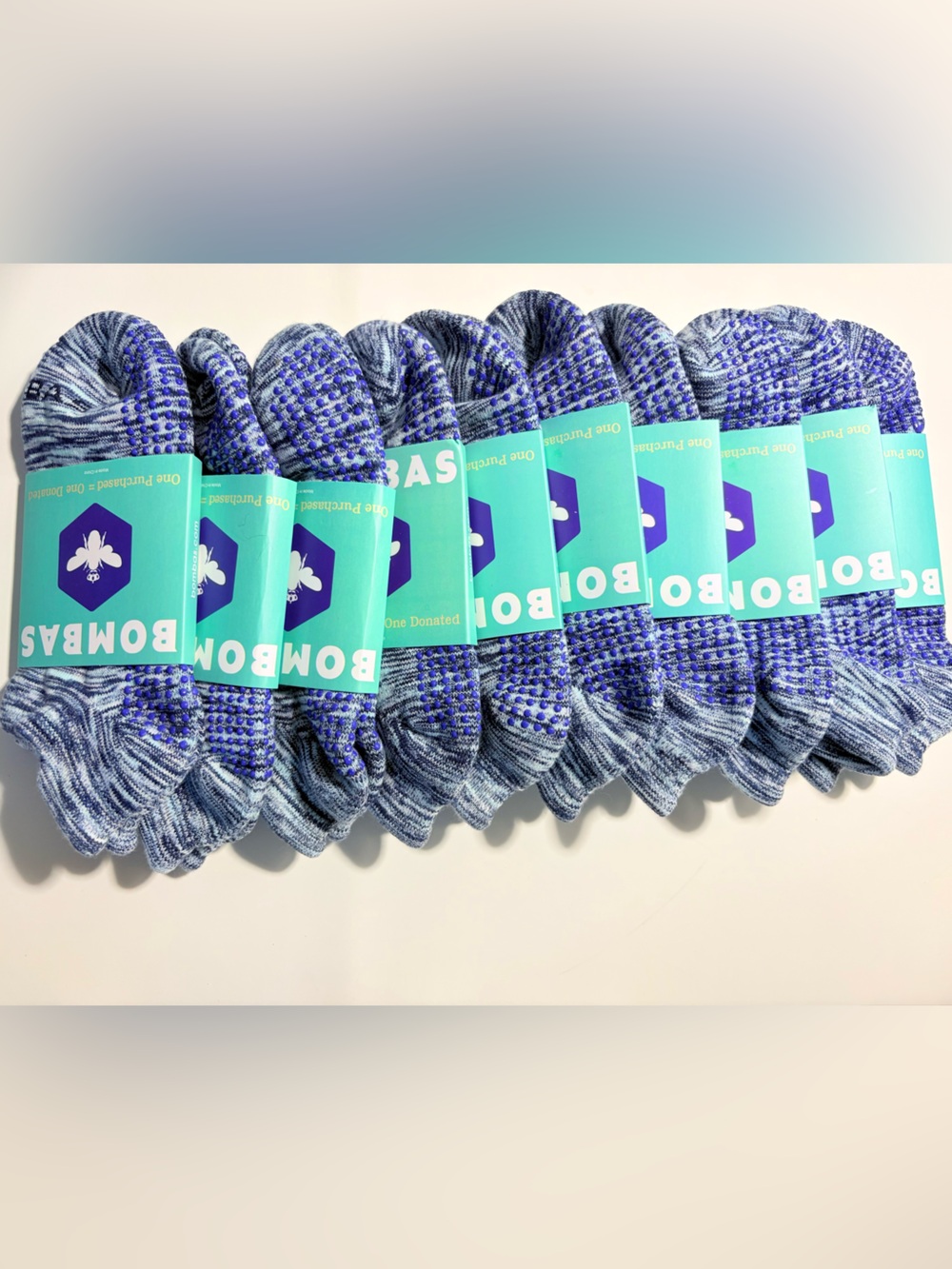Bombas Women’s No Show Grip Socks Blue Marled Yoga Pilates Socks Size:M 10 Pack